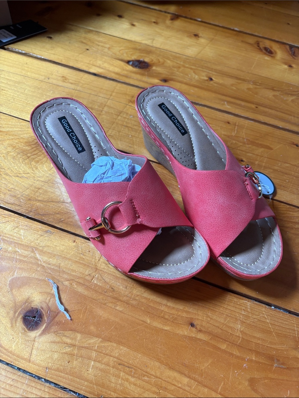 Good Chic Coral Pink Slip-On Wedge Mules with Gold Ring (Brand New)